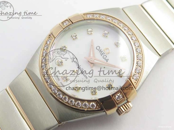 0212 NewStyle Constellation Ladies 27mm ZF 1:1 Best Edition SS RG White MOP Dial Diamonds Bezel & Markers on SS RG Bracelet ETA Quartz 7943